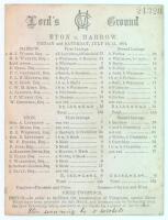 ‘Eton v. Harrow’ 1874. Early original scorecard with complete printed scores for the match played at Lord’s, 10th & 11th July 1874. Harrow batted first and scored 155 (A.J. Webbe 77) and in reply Eton reached 143 (E. Lyttelton 58, Meek taking 7 wickets fo