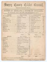 ‘North of England v. South of England’ 1871. Early original double sided scorecard for the match played at Kennington Oval, 31st July- 2nd August 1871 for the benefit of H.H. Stephenson. The South batted first and reached 196, H.R.J. Charlwood top scoring