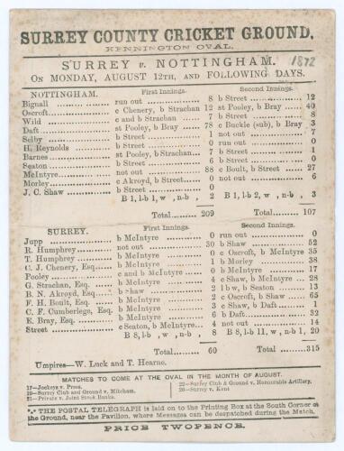 &lsquo;Surrey v. Nottingham&rsquo; 1872. &lsquo;McIntyre&rsquo;s Match&rsquo;. Early original double sided scorecard for the match played at Kennington Oval 12th- 14th August 1872. In a close game Nottinghamshire batted first and reached 209 with Martin McIntyre&rsquo;s top score in the mat