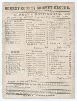 ‘Surrey v. Nottingham’ 1872. ‘McIntyre’s Match’. Early original double sided scorecard for the match played at Kennington Oval 12th- 14th August 1872. In a close game Nottinghamshire batted first and reached 209 with Martin McIntyre’s top score in the mat