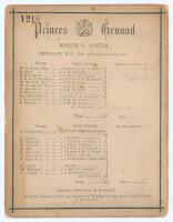 ‘Princes Ground. North v. South’ 1873. Early original single sided scorecard with incomplete printed scores for the match played at Prince’s Cricket Ground, Chelsea, 15th- 17th May 1873. The scorecard shows the completion of the first innings with the Sou