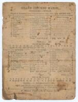 ‘Grand Cricket Match. Yorkshire v. Sussex’ 1873. Early original scorecard for the match played at Bramall Lane, Sheffield 14th & 15th July 1873. To one side the scorecard shows the Yorkshire innings of 200 all out, with Sussex then dismissed for 91 and, f