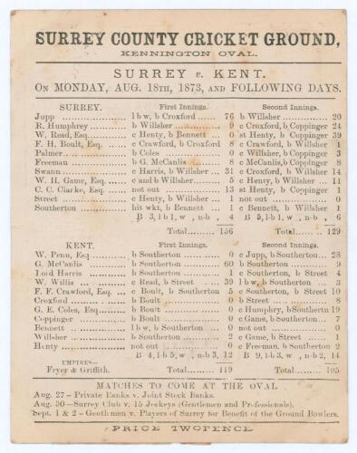 &lsquo;Surrey v. Kent&rsquo; 1873. Early original double sided scorecard for the match played at Kennington Oval 18th- 20th August 1873 with complete printed scores. Surrey batted first and made 156 (Henry Jupp 76), and in reply Kent 119 (George McGanlis 60, James So