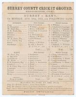 ‘Surrey v. Kent’ 1873. Early original double sided scorecard for the match played at Kennington Oval 18th- 20th August 1873 with complete printed scores. Surrey batted first and made 156 (Henry Jupp 76), and in reply Kent 119 (George McGanlis 60, James So