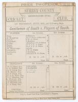 ‘Gentlemen of South v. Players of South’ 1875. Early original scorecard with incomplete printed and handwritten scores in pencil, for the match played at Kennington Oval, 24th & 25th June 1875. Batting first, the Players reached 125 with Henry Jupp scorin