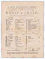 ‘Grand Cricket Match. North v. South’ 1876. Richard Daft’s ‘Complimentary Benefit’. Early original double sided scorecard with complete printed scores for the match played at Trent Bridge, 17th- 19th July 1876. Batting first, North scored 102, William Osc