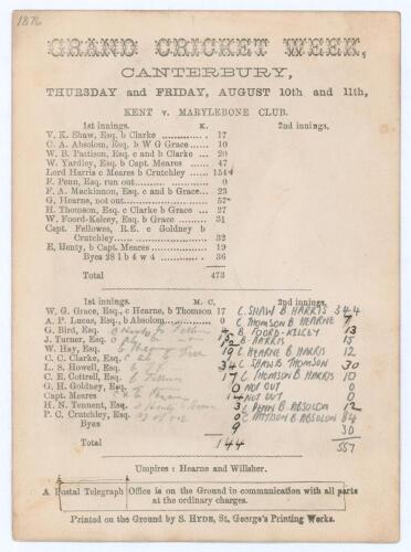 &lsquo;Grand Cricket Week, Canterbury. Kent v. Marylebone Club&rsquo; 1876. Early original single sided scorecard with complete printed and handwritten scores in ink and pencil, for the match played at Canterbury, 10th- 12th August 1876. In the twelve-a-side match th