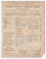 ‘Gloucestershire v. England’ 1877. Early original double sided scorecard with complete printed scores for the match played at Kennington Oval 26th & 27th July 1877. In a low scoring match on a heavy pitch, England batted first scoring only 83 with Arthur 