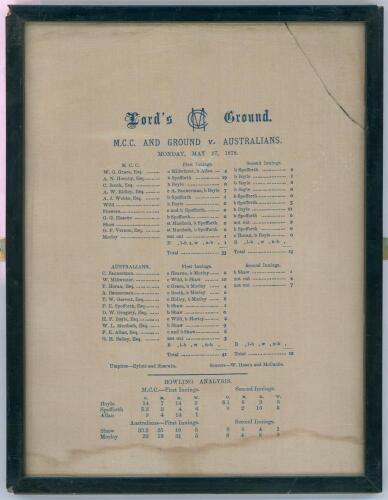 Australia inaugural tour of England 1878. &lsquo;M.C.C. and Ground v. Australians&rsquo;, Lord&rsquo;s, 27th May 1878. Original and rare silk scorecard for the Australian&rsquo;s second match match of the tour. In the remarkable game, M.C.C. were dismissed for only 33. Only A.N.