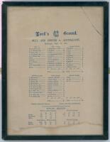 Australia inaugural tour of England 1878. ‘M.C.C. and Ground v. Australians’, Lord’s, 27th May 1878. Original and rare silk scorecard for the Australian’s second match match of the tour. In the remarkable game, M.C.C. were dismissed for only 33. Only A.N.