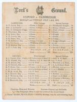 ‘Oxford v. Cambridge’ 1878. Early original scorecard with complete printed scores for the Varsity Match played at Lord’s, 1st & 2nd July 1878. Cambridge University batted first, posting 168, with Edward Lyttelton top scorer on 53, Allan Steel 44no. Evans 