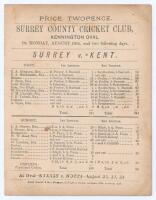 ‘Surrey v. Kent’ 1878. Early original double sided scorecard with full printed scores for the match played at Kennington Oval, 19th- 21st August 1878. In a match notable for wicket-keeping achievements, Kent batted first and scored 211, Lord Harris top sc