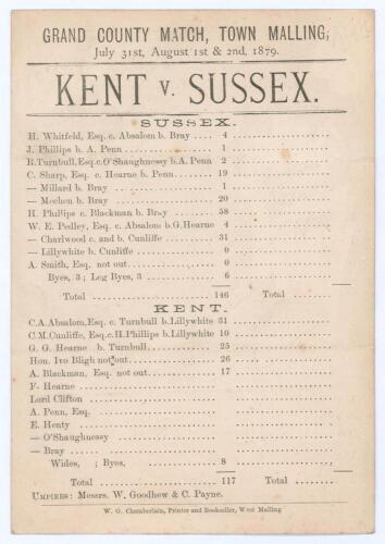 &lsquo;Grand County Match, Town Malling, Kent v. Sussex&rsquo; 1879. Early original scorecard with printed scores complete to the end of the first day&rsquo;s play, for the match played at the Old County Ground, Town Malling, 31st July & 1st August 1879. Scheduled for thre
