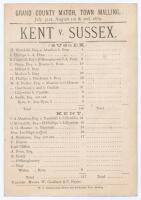 ‘Grand County Match, Town Malling, Kent v. Sussex’ 1879. Early original scorecard with printed scores complete to the end of the first day’s play, for the match played at the Old County Ground, Town Malling, 31st July & 1st August 1879. Scheduled for thre