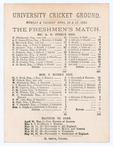 &lsquo;The [Cambridge University] Freshmen&rsquo;s Match&rsquo; 1880. Ivo Bligh&rsquo;s XI v. A.D. Steel&rsquo;s XI. Small original single sided scorecard with complete printed scores for the match played at Fenner&rsquo;s, 26th & 27th April 1880. A.G. Steel&rsquo;s XI batted first scoring 106 (R