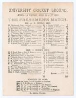 ‘The [Cambridge University] Freshmen’s Match’ 1880. Ivo Bligh’s XI v. A.D. Steel’s XI. Small original single sided scorecard with complete printed scores for the match played at Fenner’s, 26th & 27th April 1880. A.G. Steel’s XI batted first scoring 106 (R