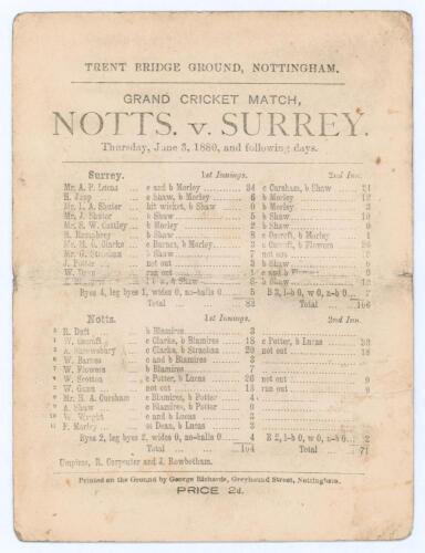&lsquo;Grand Cricket Match, Notts. v. Surrey&rsquo; 1880. Early official double sided scorecard for the match played at Trent Bridge, 3rd- 5th June 1880, in which William &lsquo;Billy&rsquo; Gunn made his first-class debut, aged 21. Surrey batted first and were dismissed for 82 
