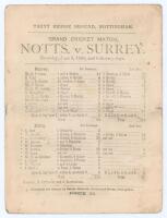 ‘Grand Cricket Match, Notts. v. Surrey’ 1880. Early official double sided scorecard for the match played at Trent Bridge, 3rd- 5th June 1880, in which William ‘Billy’ Gunn made his first-class debut, aged 21. Surrey batted first and were dismissed for 82 