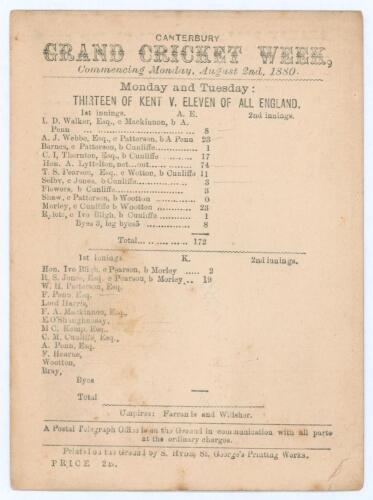 &lsquo;Canterbury Grand Cricket Week. Thirteen of Kent v. Eleven of All England&rsquo; 1880. Early original double sided scorecard with incomplete printed scores for the match played at Canterbury, 2nd- 4th August 1880. The scorecard shows the completed first innings