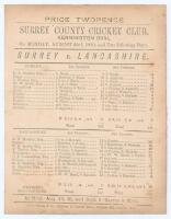 ‘Surrey v. Lancashire’ 1880. Early original single sided scorecard with complete printed scores for the match played at Kennington Oval, 23rd- 25th August 1880. Surrey batted first scoring 226, Harry Jupp best with 90, and Surrey’s George Nash taking eigh