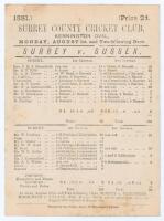 ‘Surrey v. Sussex’ 1881. Early original double sided scorecard with complete printed scores for the match played at Kennington Oval 1st & 2nd August 1881. Despite fielding a strong side, Sussex could muster only 95 in their first innings, Edward Barratt d