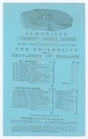 ‘The [Cambridge] University versus Gentlemen of England’ 1882. Early original double sided scorecard with complete printed scores for the match played at Fenner’s, 25th- 27th May 1882. Batting first Cambridge made 274 with C.T. Studd scoring 126no, Englan