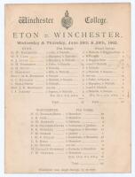 ‘Eton v. Winchester’ 1882. Early original single sided scorecard with complete printed scores for the match played at Winchester College, 28th & 29th June 1882. Winchester won the game comfortably by an innings and 20 runs. Batting first they posted 157, 