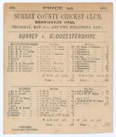 ‘Surrey v. Gloucestershire’ 1883. Early original single sided scorecard with complete printed and handwritten scores in pencil for the match played at Kennington Oval 31st May & 1st June 1883. Scheduled for three days but completed in two, Gloucestershire