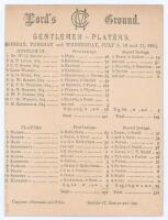 ‘Gentlemen v. Players’ 1883. Early original double sided scorecard with complete printed scores for the match played at Lord’s 9th- 11th July 1883. The Gentlemen batted first and posted an impressive score of 441 with Edward Tylecote achieving his highest