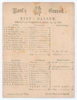 ‘Eton v. Harrow’ 1883. Early original scorecard with complete printed scores for the match played at Lord’s 13th & 14th July 1883. Eton batted first and reached 231 with Frank Marchant (Kent & Cambridge University 1883-1905) scoring 93, and A.J. Studd 64.