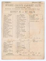 ‘Surrey XI v. 24 Colts’ 1883. Early original double sided scorecard with incomplete printed scores for the match played at Kennington Oval, 10th & 11th September 1883. The scorecard depicts the 24 Colts batting first and scoring 143. C.T. Roller (one firs