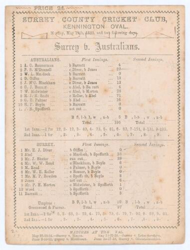 &lsquo;Surrey v. Australians&rsquo; 1884. Early original double sided scorecard with printed scores complete to the end of the first day&rsquo;s play for the tour match played at Kennington Oval, 19th & 20th May 1884. The scorecard shows Surrey doing well to restrict the A