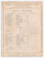 ‘Surrey v. Australians’ 1884. Early original double sided scorecard with printed scores complete to the end of the first day’s play for the tour match played at Kennington Oval, 19th & 20th May 1884. The scorecard shows Surrey doing well to restrict the A