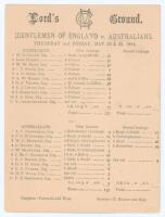 ‘Gentlemen of England v. Australians’ 1884. Early original single sided scorecard with incomplete printed scores for the tour match played at Lord’s, 29th- 31st May 1884. The Gentlemen batted first and reached a healthy total of 277 with contributions fro