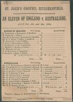 ‘An Eleven of England v. Australians’ 1884. Early original commemorative silk scorecard with complete printed scores for the tour match played at St. John’s Ground [Fartown], Huddersfield, 3rd- 5th July 1884. The England XI batted first and made an impres