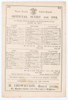 Sussex v. Kent 1884. Early original double sided scorecard with complete printed scores for the match played at the County Ground, Hove, 3rd- 5th July 1884. In a high scoring match with over 1,000 runs scored on a good batting wicket, Sussex batted first 