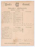 ‘England v. Australians’ 1884. First Test match to be played at Lord’s. Early official double sided scorecard with incomplete printed and handwritten scores in pencil to the close of the first day’s play in the second Test match, Lord’s, 21st- 23rd July 1