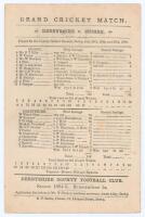 ‘Grand Cricket Match. Derbyshire v. Sussex’ 1884. Early original scorecard with incomplete printed scores up to the close of the second day’s play. Sussex batted first and were bowled out for 125, Jesse Hide top scorer with 38. Replying, Derbyshire reache