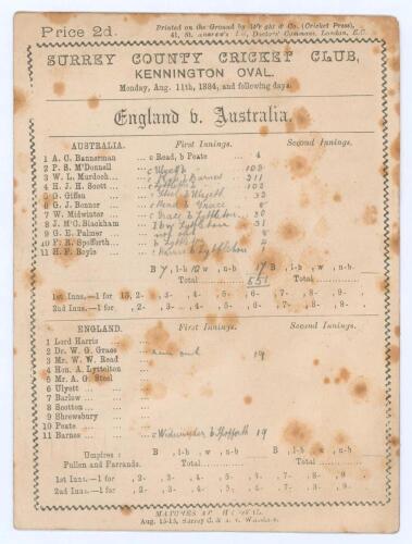 &lsquo;England v. Australia&rsquo; 1884. Early official double sided scorecard with incomplete printed and handwritten scores for the third (final) Test match played at Kennington Oval, 11th- 13th August 1884. In an incredible match Australia batted first and posted 