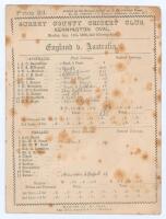 ‘England v. Australia’ 1884. Early official double sided scorecard with incomplete printed and handwritten scores for the third (final) Test match played at Kennington Oval, 11th- 13th August 1884. In an incredible match Australia batted first and posted 