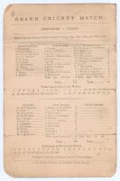 ‘Grand Cricket Match. Derbyshire v. Surrey’ 1885. Early original double sided scorecard with complete printed scores for the match played at the County Cricket Ground, Derby, 28th- 30th May 1885. Derbyshire won the toss and elected to bat first on a good 