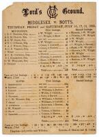 ‘Middlesex v. Notts.’ 1885. Early original double sided scorecard for the match played at Lord’s, 16th- 18th July 1885. The scorecard with complete printed scores. Middlesex batted first and reached 128 (S.W. Scott 46no, A.J. Webbe 40). In reply Nottingha