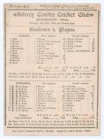 ‘Gentlemen v. Players’ 1885. Early original double sided scorecard with complete printed scored for the match played at Kennington Oval, 2nd- 4th July 1885. In a relatively high scoring match, a strong Players side batted first and scored 352 (William Gun