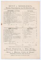 ‘Kent v. Middlesex’ 1885. Early large original double sided scorecard with complete printed scores for the match played at Mote Park, Maidstone, 27th- 29th August 1885. Middlesex batted first and did well on a wet wicket to reach 187, Edward Buckland scor