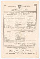 ‘Official Score. Sussex versus Gloucestershire’ 1886. Early original double sided scorecard with complete printed scores for the match played at the County Ground, Hove, 7th- 9th June 1886. In Sussex wicket-keeper Henry Phillips’ Benefit match, Gloucester