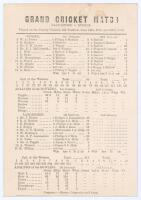 ‘Grand Cricket Match. Lancashire v. Sussex’ 1886. Early original single sided scorecard with complete printed scores for the match played at Old Trafford, 24th & 25th June 1886. Scheduled for three days but completed in two, Sussex were outplayed in this 