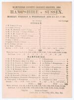 ‘Hampshire v. Sussex’ 1886. Early original double sided scorecard with complete printed scores for the match played at the County Ground, Southampton, 2nd & 3rd August 1886. Sussex batted first and reached 360, Billy Newham 127 and Frederick Lucas 94. Rep