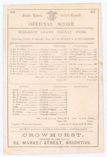 Australian tour to England 1886. &lsquo;Brighton Grand Cricket Week. Sussex v. Australians&rsquo;. Early original double sided scorecard for the tour match played at the County Ground, Hove, 26th- 28th August 1886. The Australians batted first and scored 200 with onl