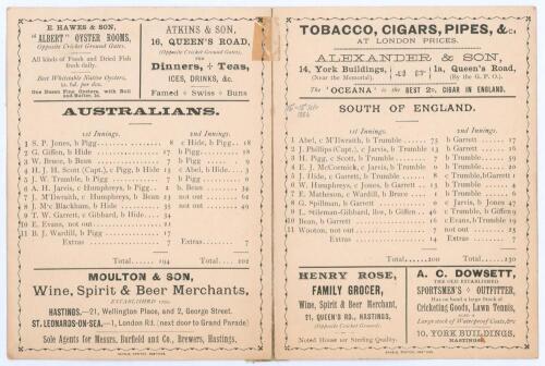 Australian tour to England 1886. &lsquo;Randle&rsquo;s Cricket Score Card of the match between Eleven of the Australians and Eleven of the South Of England&rsquo;. Early original double sided folding scorecard with complete printed scores for the tour match played at Hasti