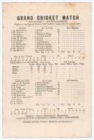 ‘Grand Cricket Match. Lancashire v. Nottinghamshire’ 1887. Early original single sided scorecard with incomplete printed scores for the match played at Old Trafford, 18th- 20th August 1887. The scorecard shows the Nottinghamshire first innings total of 92